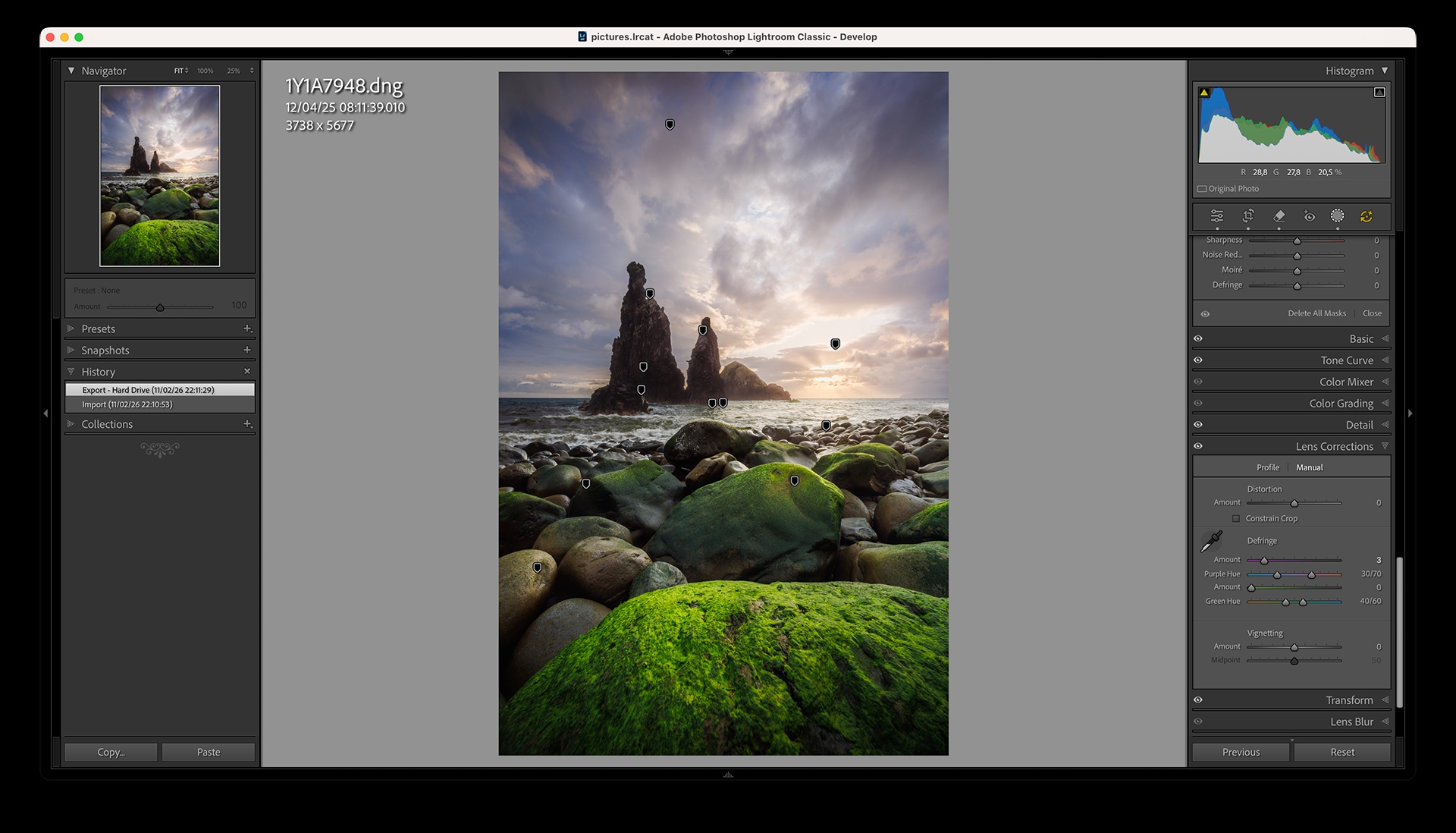 Adobe Lightroom showing a DNG file with all editing masks preserved